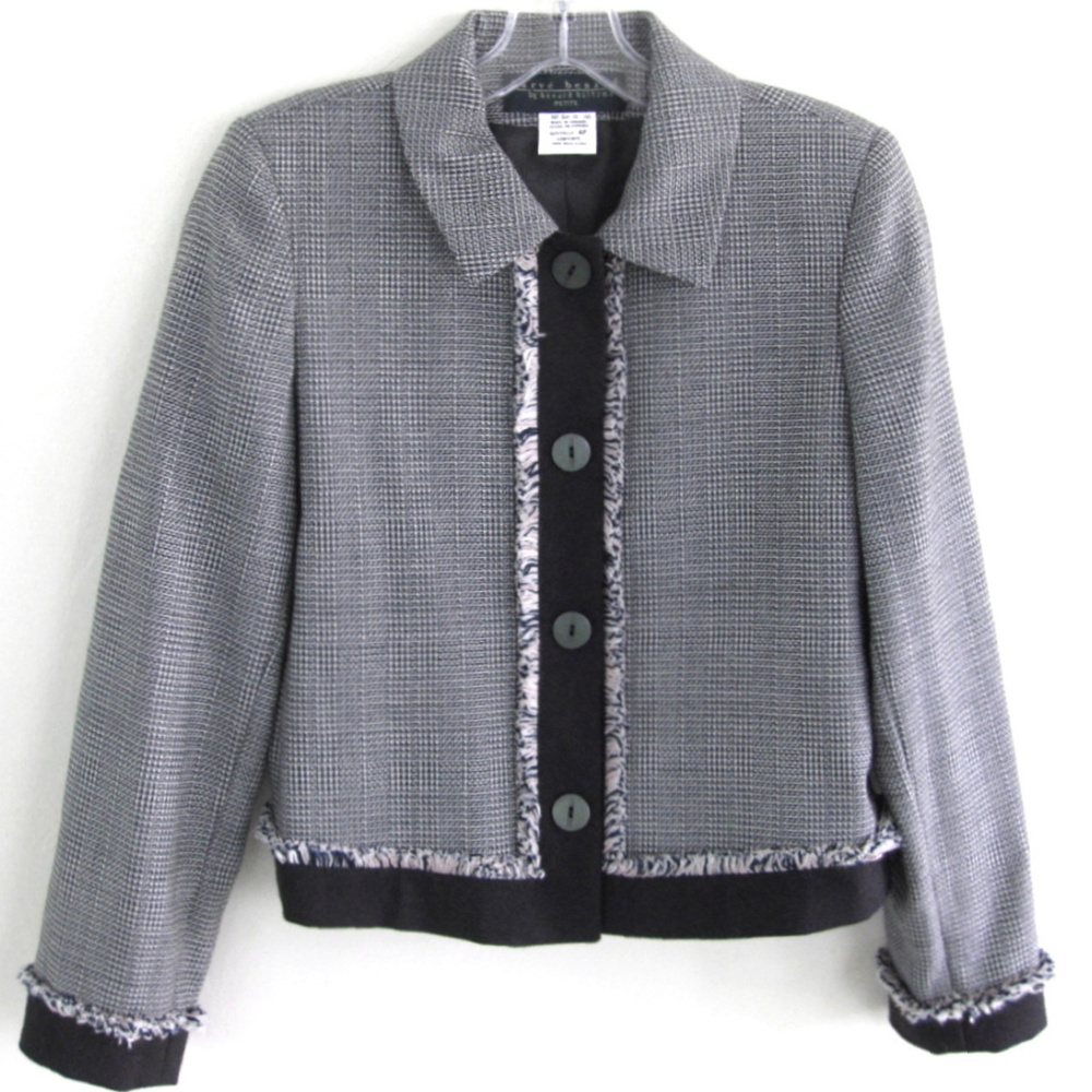 Checked jacket 4P Pure wool Black White Fringe trim Houndstooth Blazer Lined